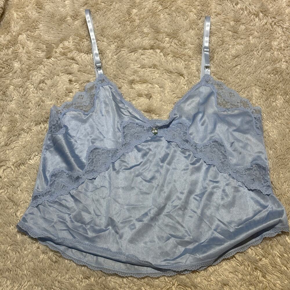 Vintage 80s Periwinkle Baby Blue Lace Rosette Tank Top Lingerie Trendsetters